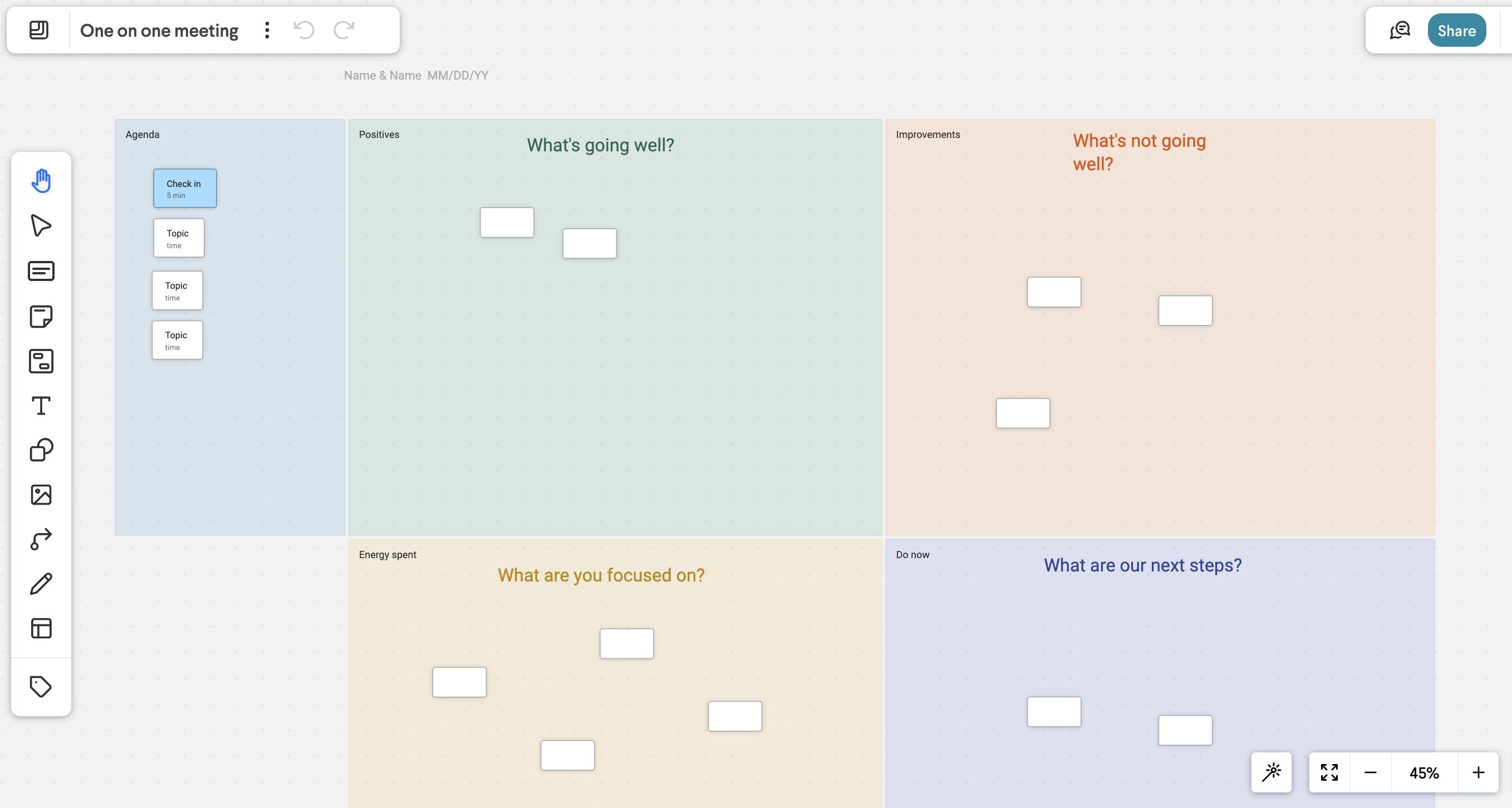 one on one meeting agenda template in frameable whiteboard